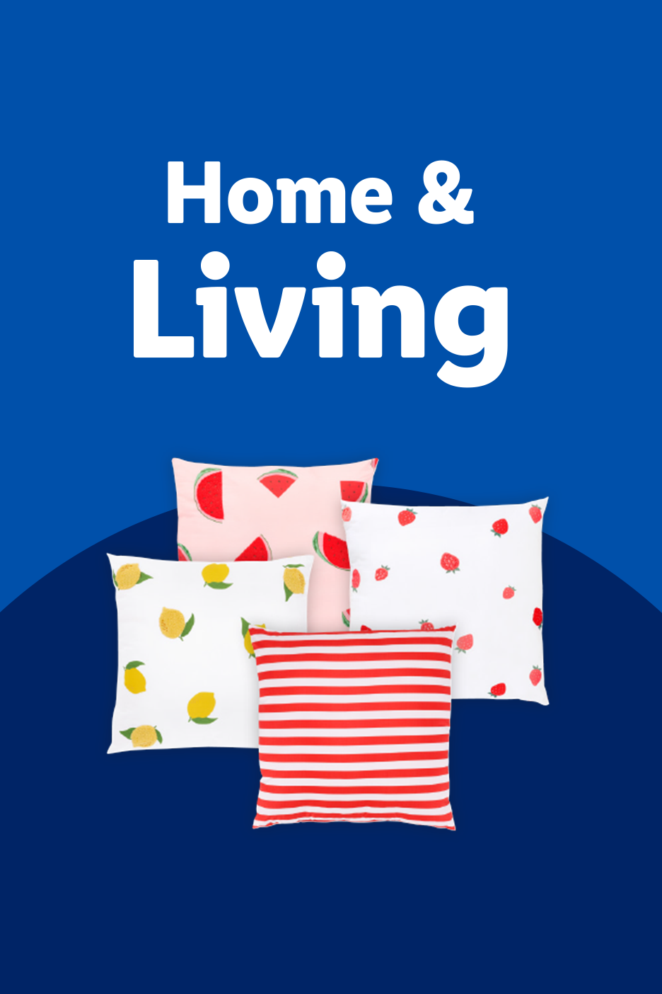 Home & Living text above colorful fruit and striped pattern throw pillows.