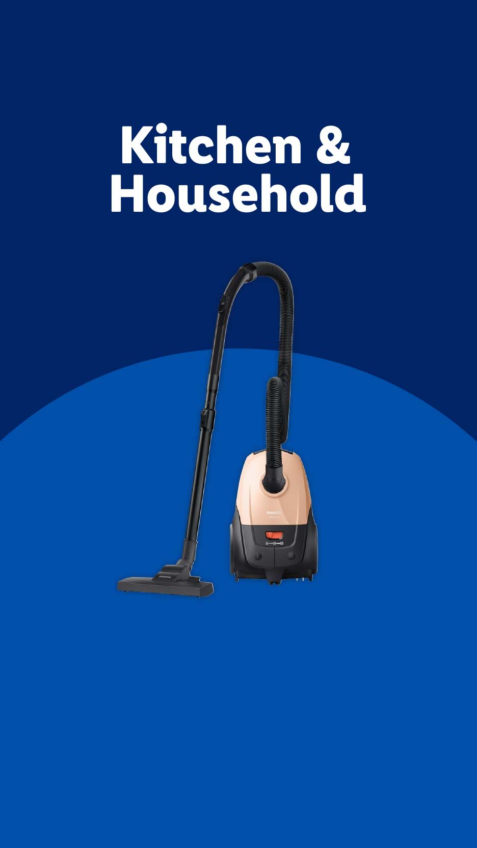 Kitchen & Household: A vacuum cleaner with a beige and black body and a long hose.