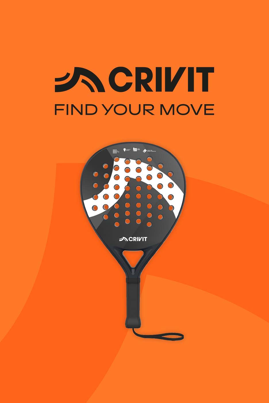 Black and white padel racket with orange holes on an orange background, with text 'FIND YOUR MOVE'.