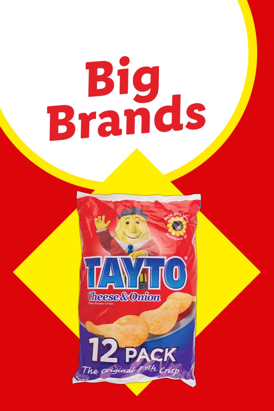 A Tayto Cheese & Onion 12-pack of crisps with 'Big Brands' text above.