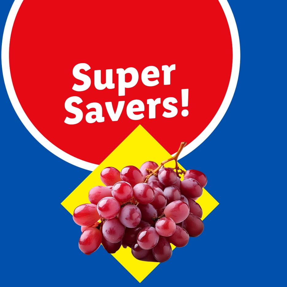 Red grapes on a yellow diamond, with a red circle above saying 'Super Savers!'