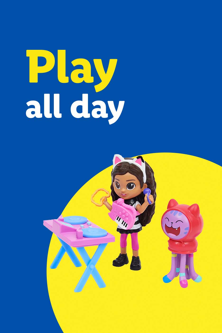 Gabby's Dollhouse toys, including Gabby Girl, a DJ table, and a red cat figure.