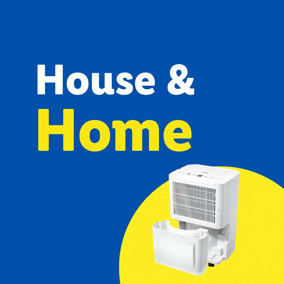 House & Home text with a white dehumidifier on a blue and yellow background.