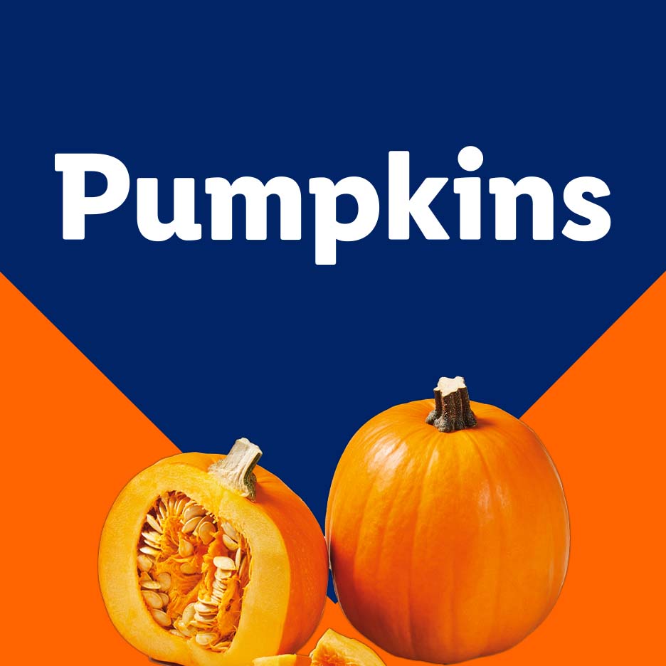 Two pumpkins, one whole and one cut open, on a blue and orange background with the word 'Pumpkins'.