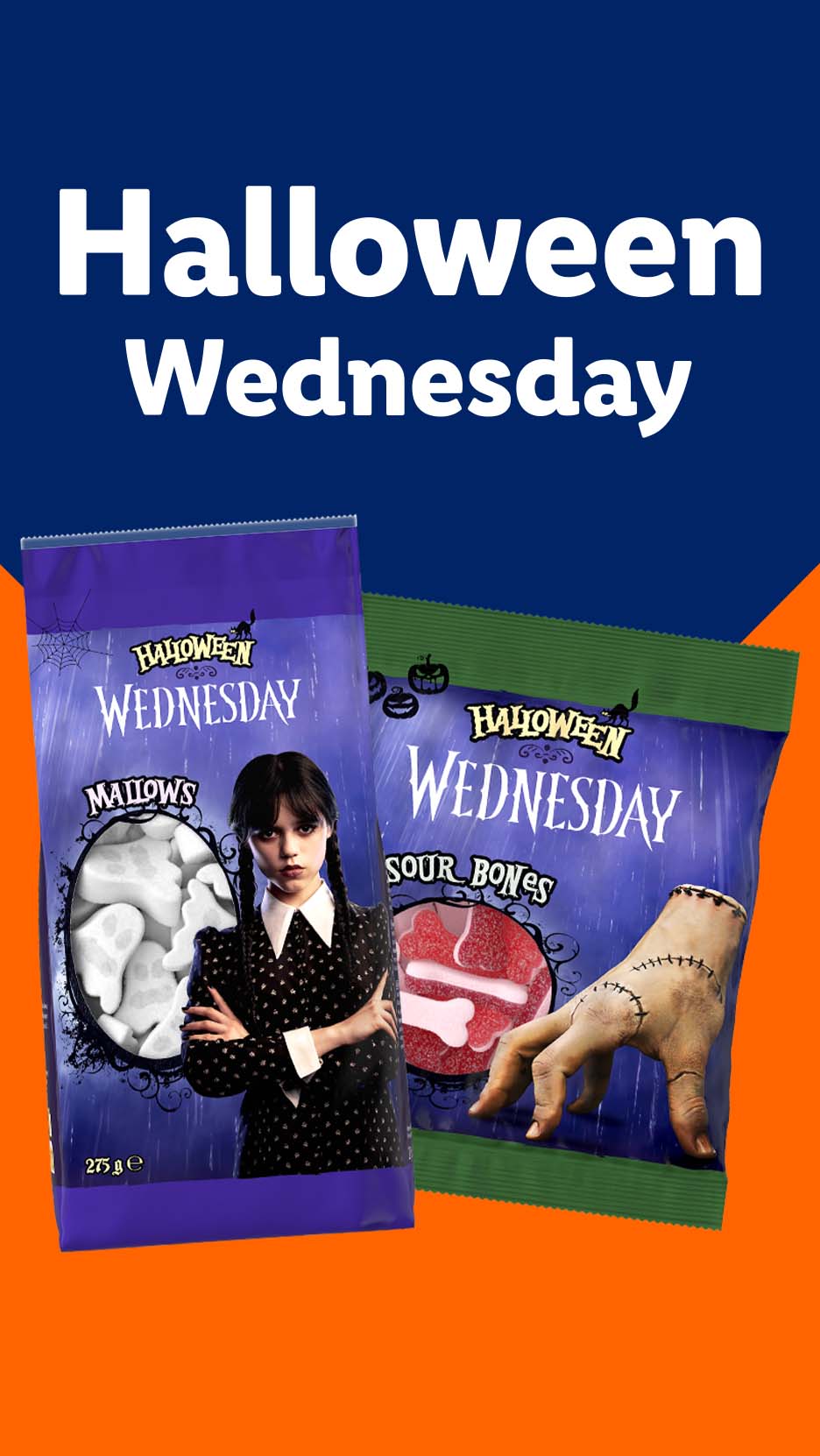 Two Halloween Wednesday candy bags, one with mallows and Wednesday Addams, the other with sour bones.