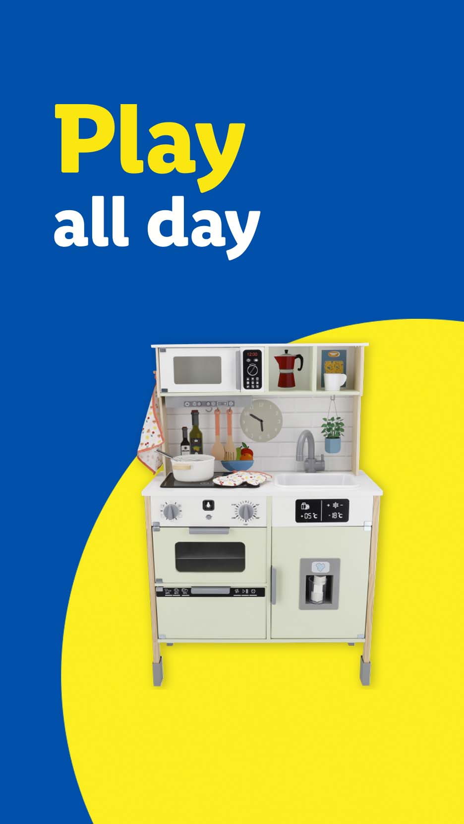 A toy kitchen set with a microwave, stove, sink, and refrigerator, on a blue and yellow background.