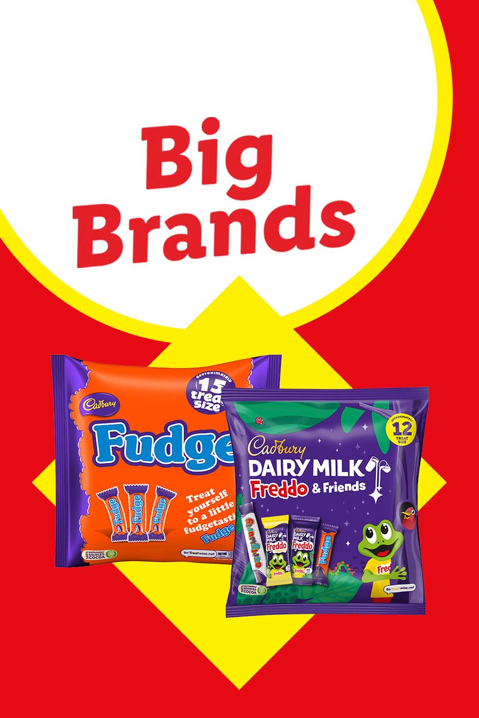 Cadbury Fudge and Freddo & Friends multipacks under a 'Big Brands' banner.