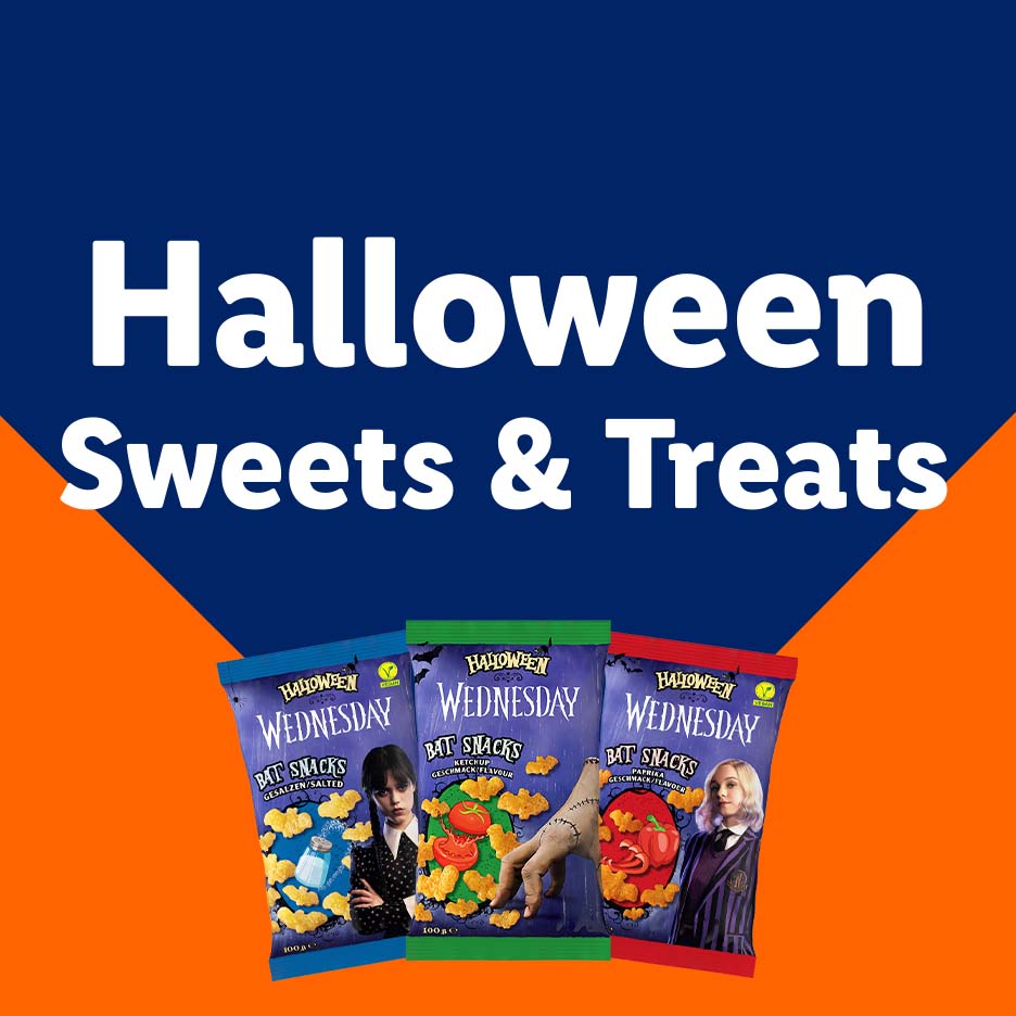 Halloween Sweets & Treats with Wednesday Bat Snacks in salted, ketchup, and paprika flavors.