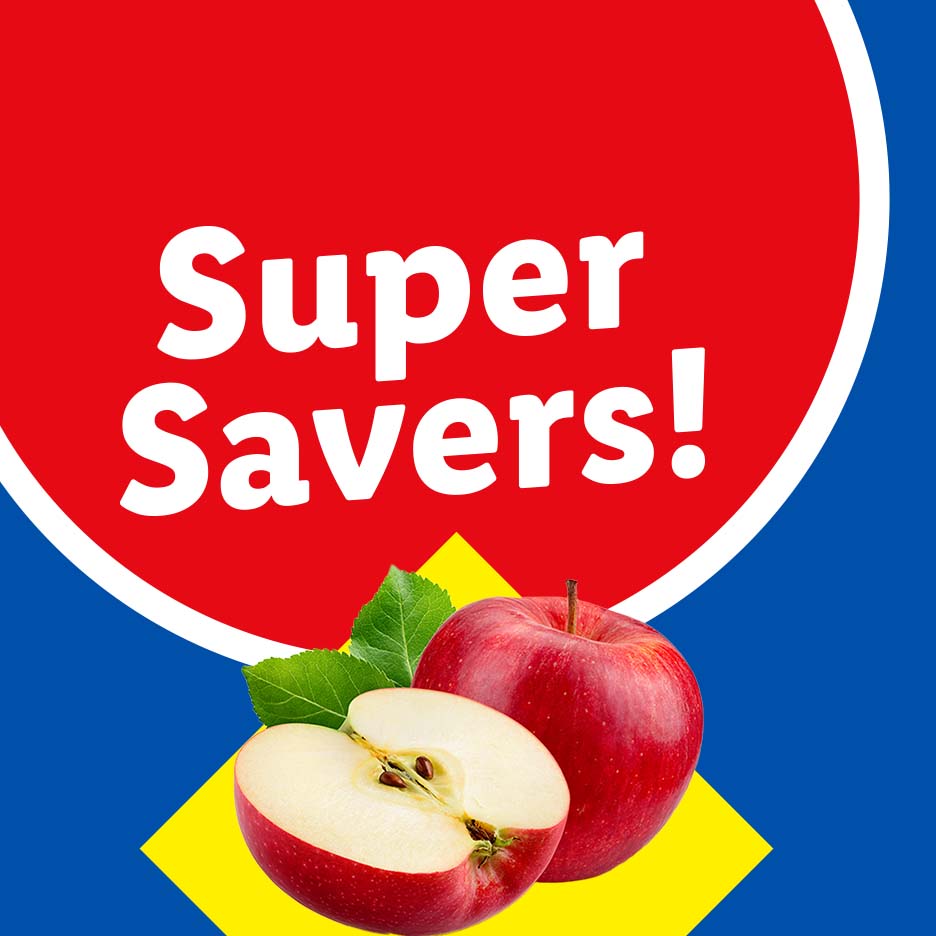 Red apples on a blue and yellow background with text 'Super Savers!'