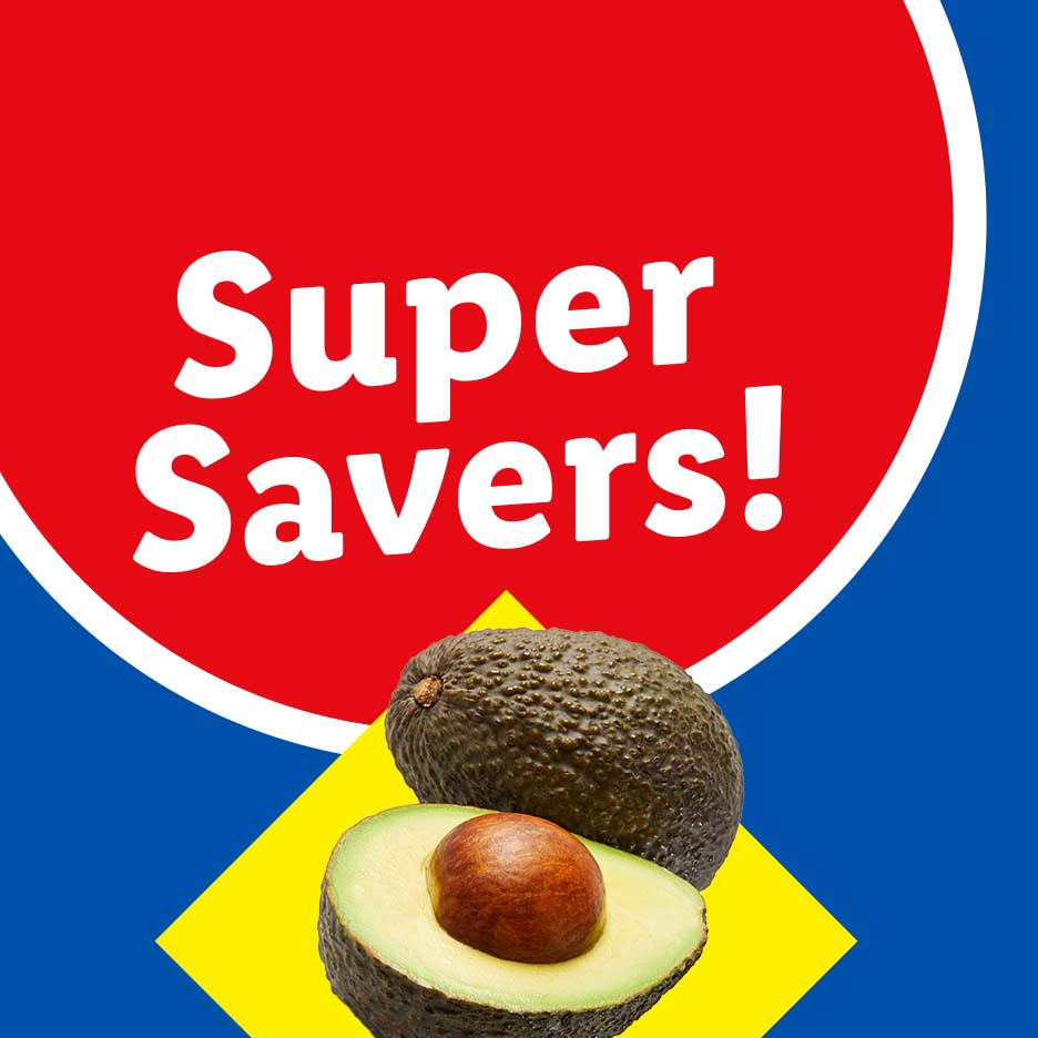 Avocados on a blue and yellow background with a red circle saying 'Super Savers!'
