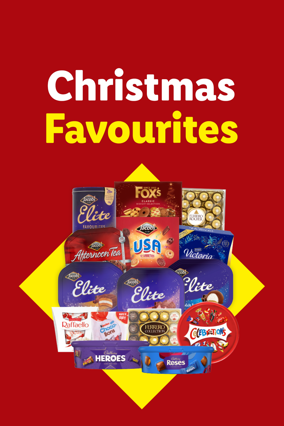A festive selection of Christmas sweet treats, biscuits, and chocolates on a red background.