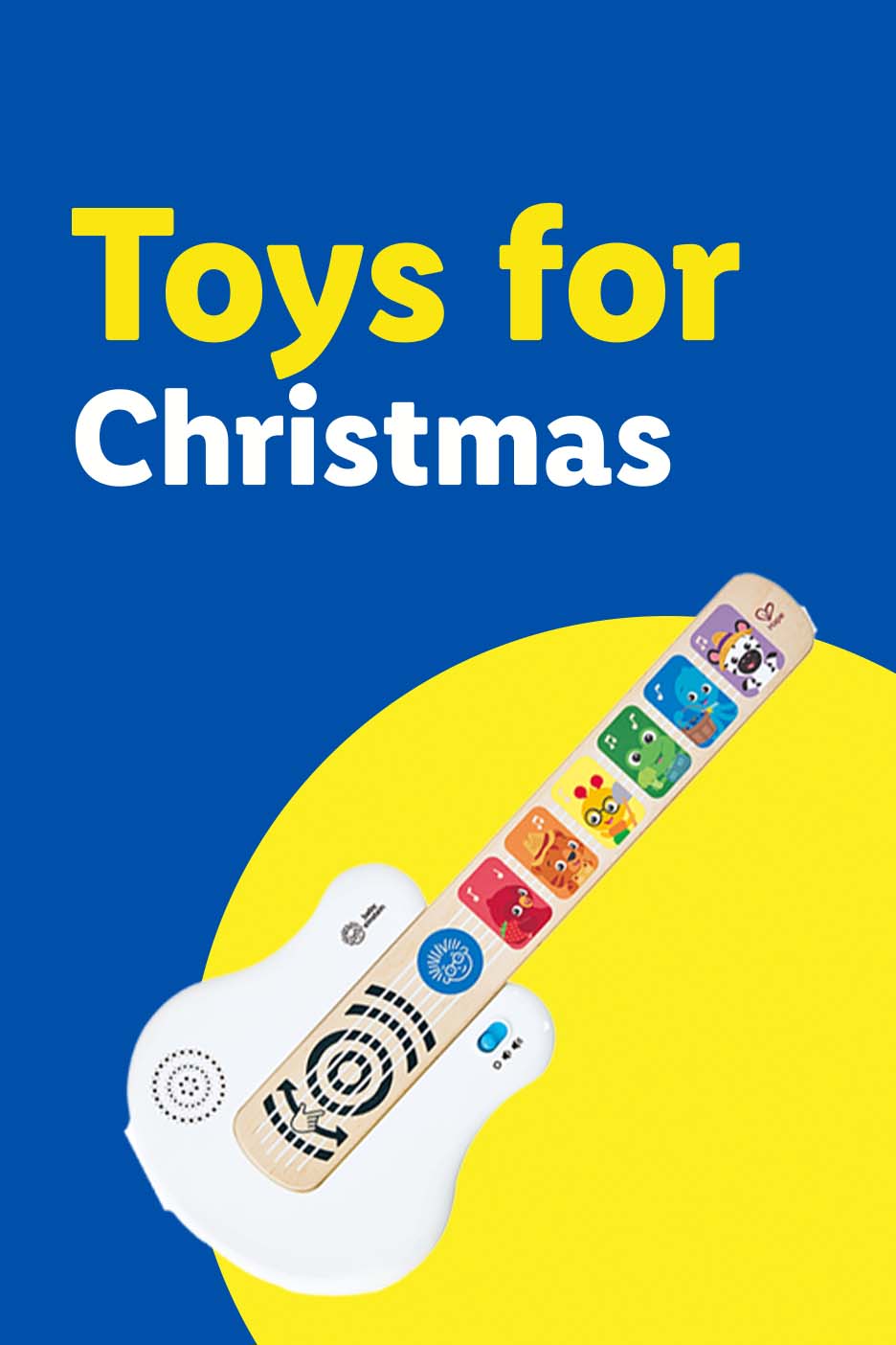 Toys for Christmas: a white and wooden toy guitar with colorful animal buttons
