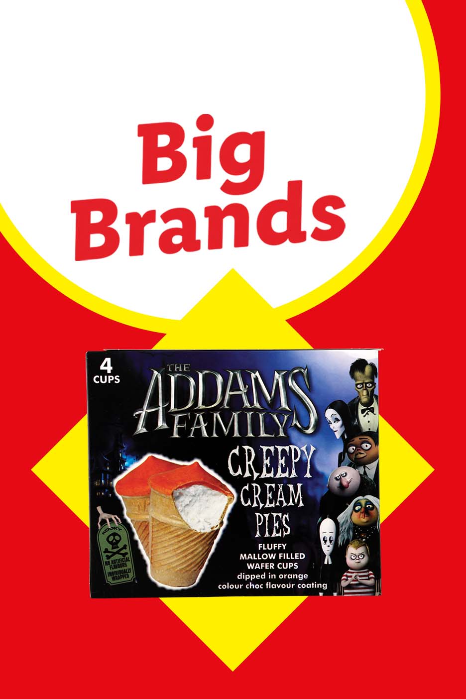 The Addams Family Creepy Cream Pies, marshmallow-filled wafer cups with orange choc coating.