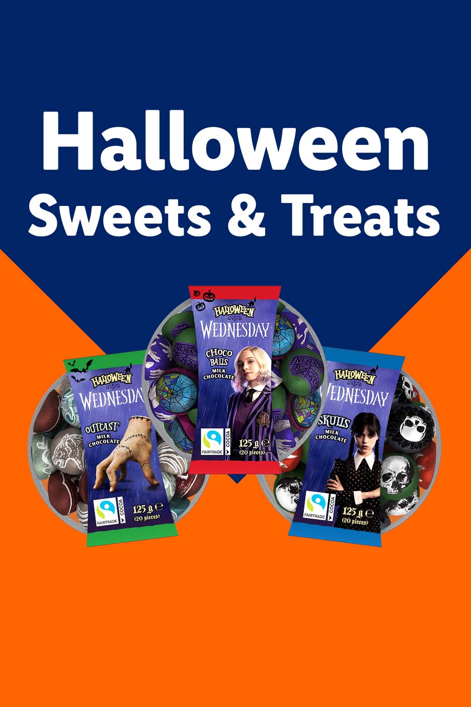 Halloween Sweets & Treats featuring Wednesday-themed milk chocolate balls, outcasts, and skulls.