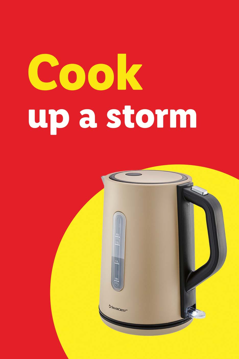 Silvercrest kettle with 'Cook up a storm' text on a red and yellow background.