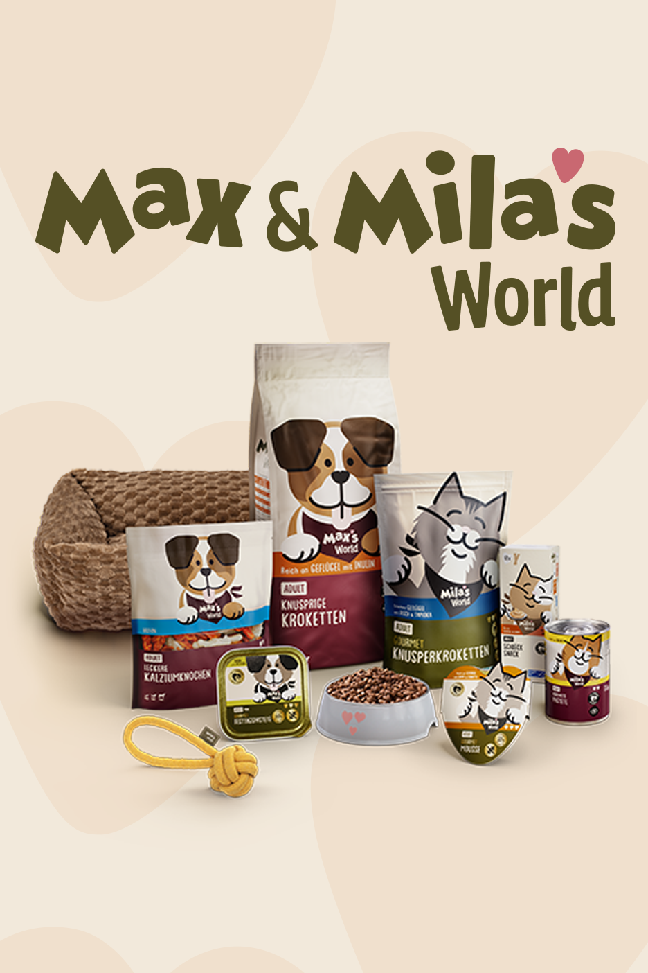 A selection of dog and cat food products, treats, a pet bed, and a toy on a beige background.
