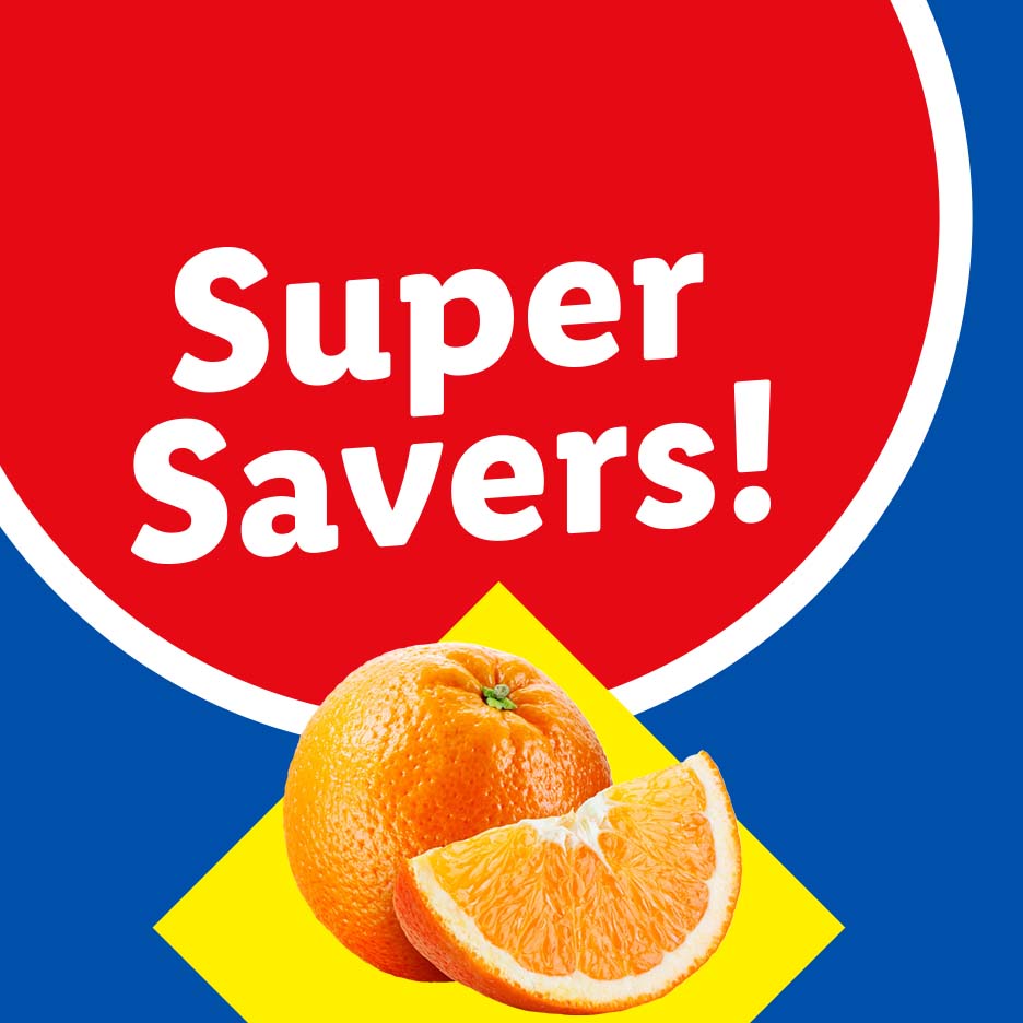 Lidl Super Savers! promotion with whole and sliced oranges on a blue and yellow background.