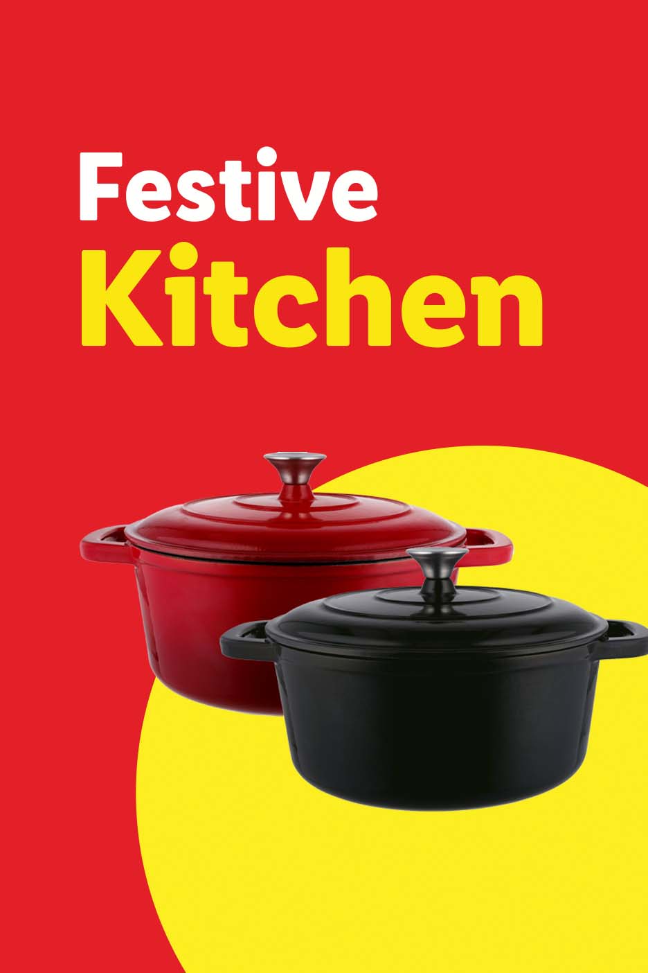 Festive Kitchen text with red and black cast iron pots on a yellow background.