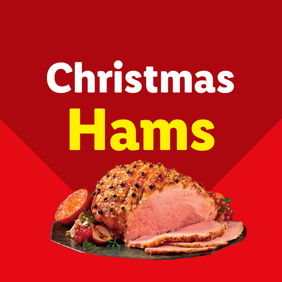 Christmas Hams: a glazed, sliced ham with cloves and garnishes on a red background.