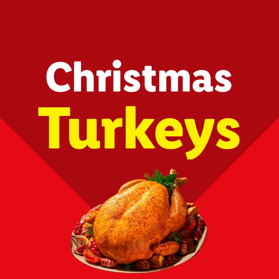 Christmas Turkeys text with a roasted turkey on a platter below.