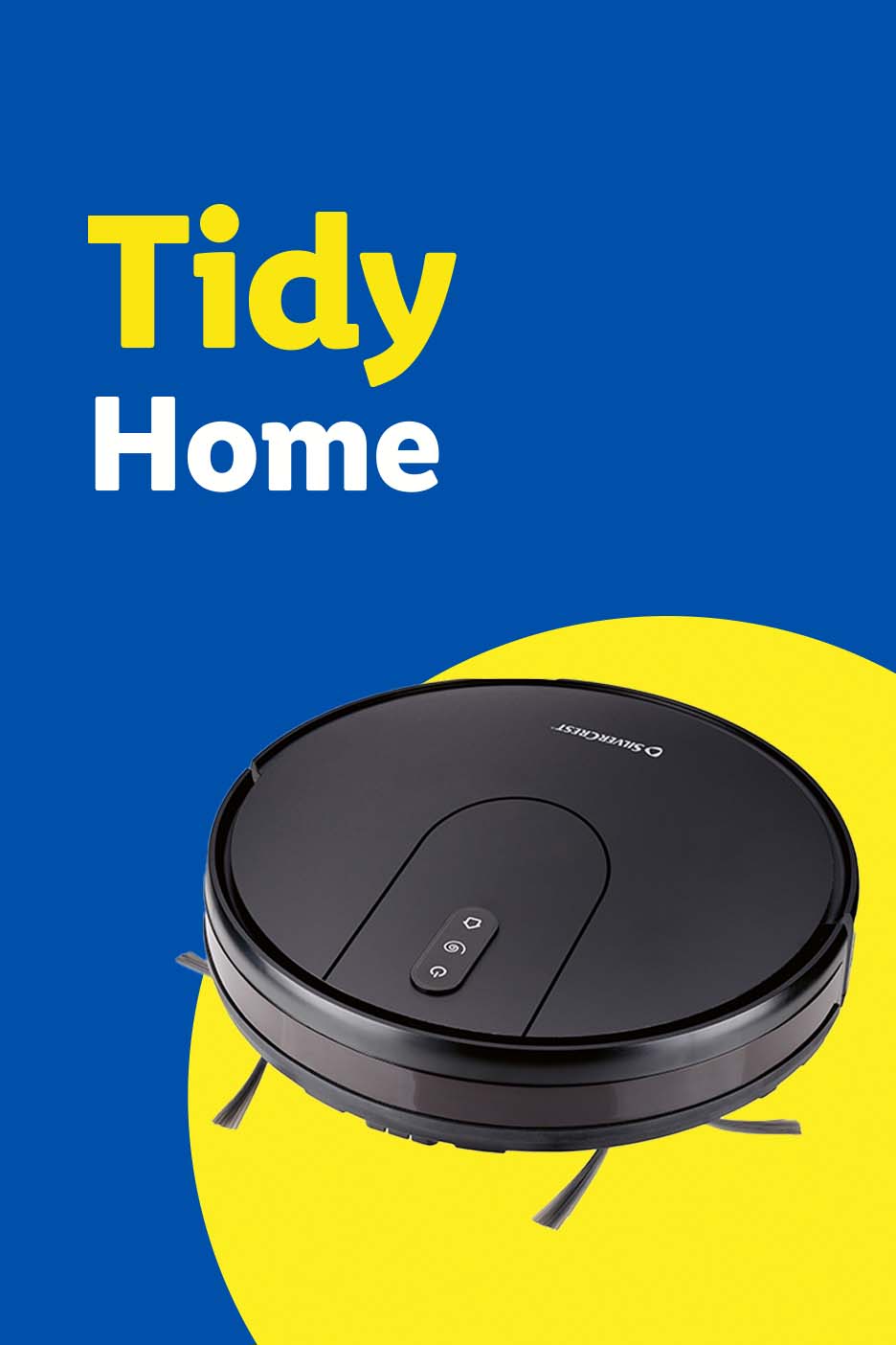 A black robotic vacuum cleaner on a yellow and blue background with the text 'Tidy Home'.