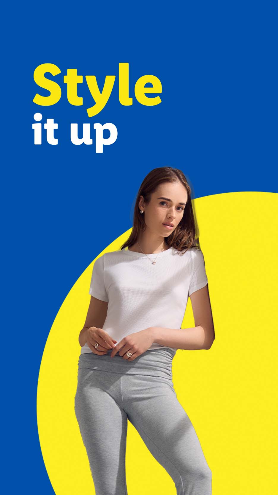 Woman in white t-shirt and grey leggings, with 'Style it up' text.