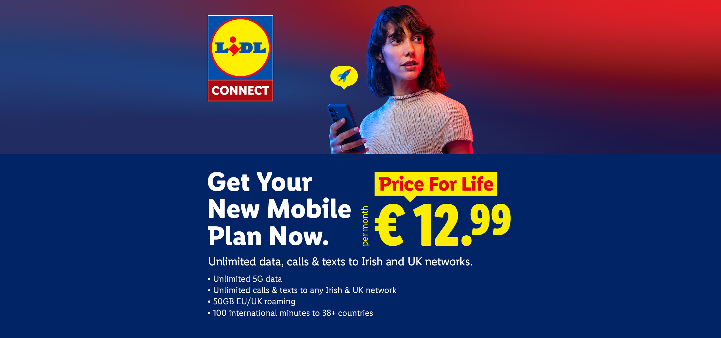 Mobile plan offer with unlimited 5G data, calls, and texts for €12.99 per month.