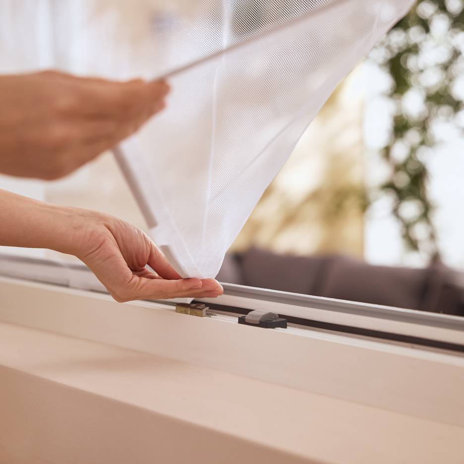 Hands installing a white mosquito net on a window
