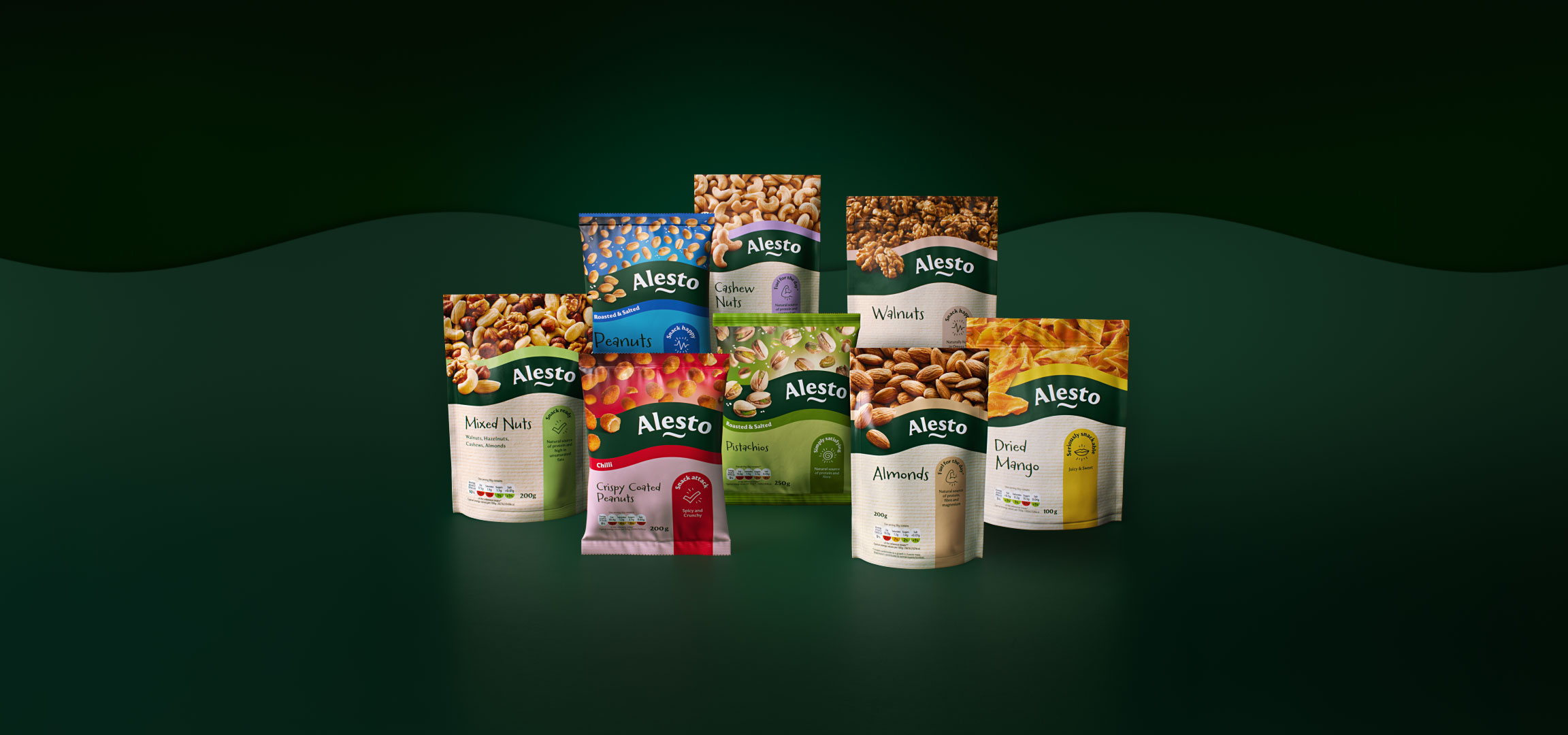 A variety of nuts and dried fruit snacks, including peanuts, walnuts, almonds, and dried mango.
