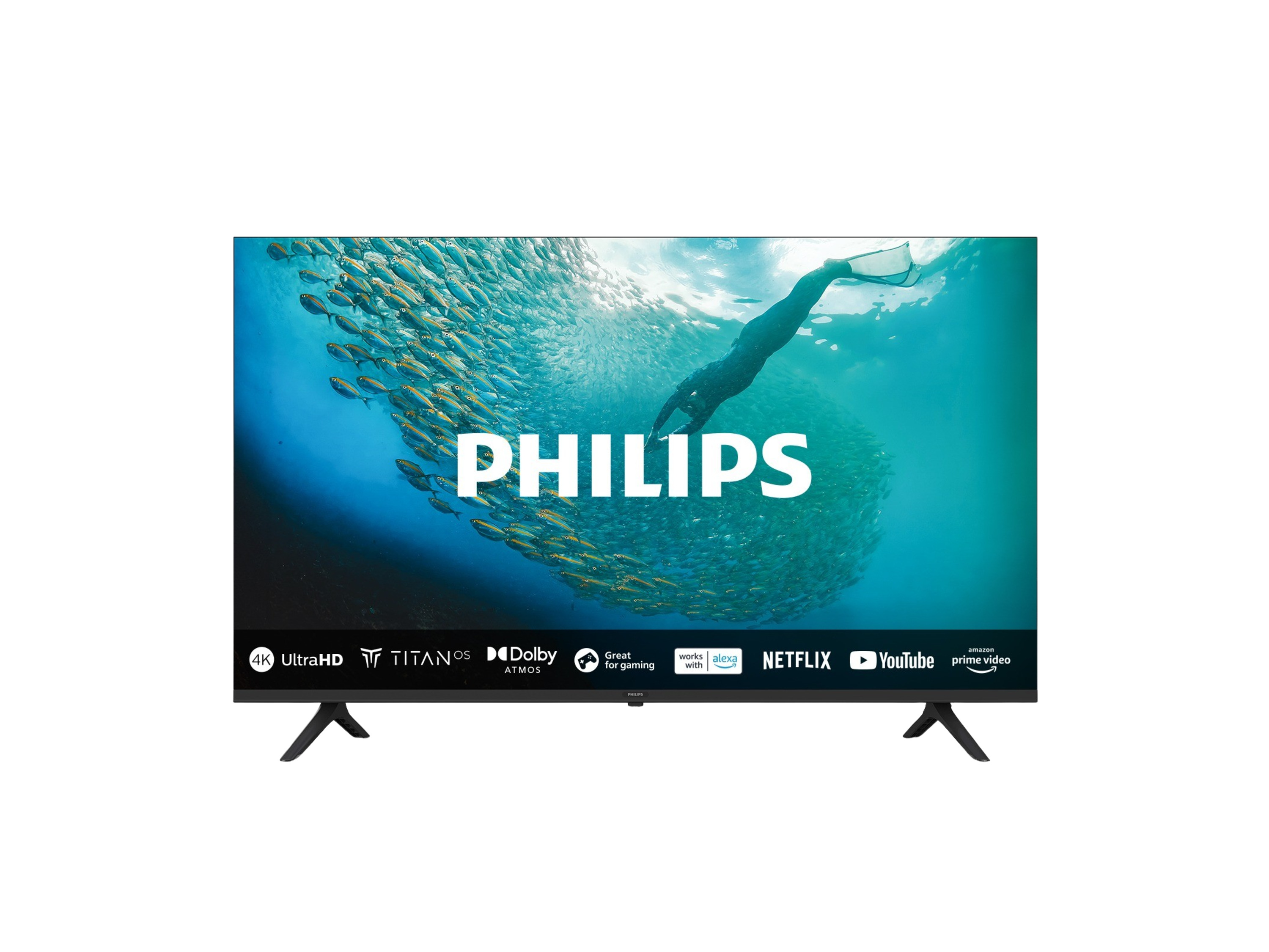 A Philips 4K Ultra HD Smart TV with TitanOS and Dolby Atmos is displayed, showcasing its vibrant screen and supported streaming services.