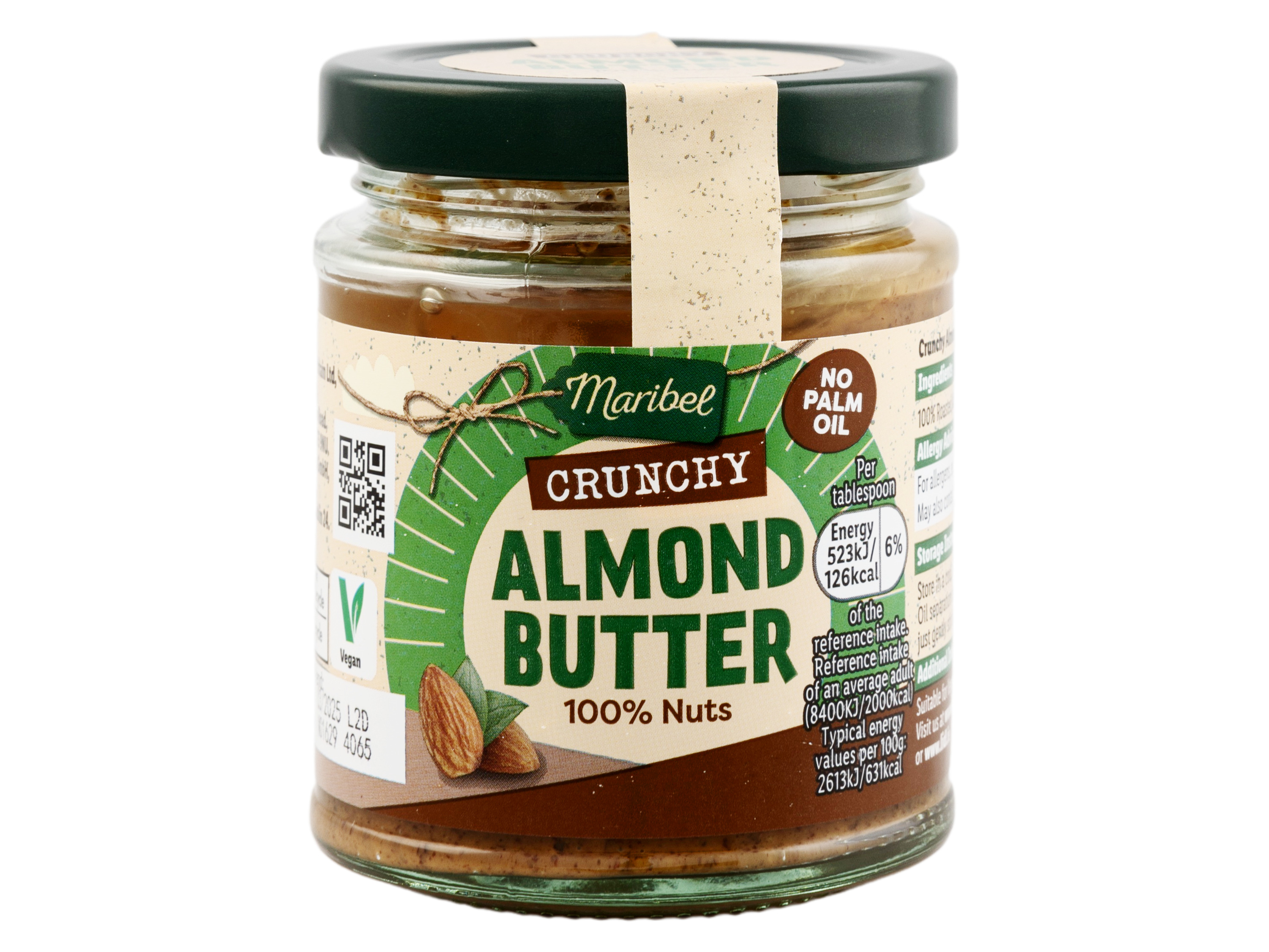 A jar of Maribel Crunchy Almond Butter with a green and brown label.