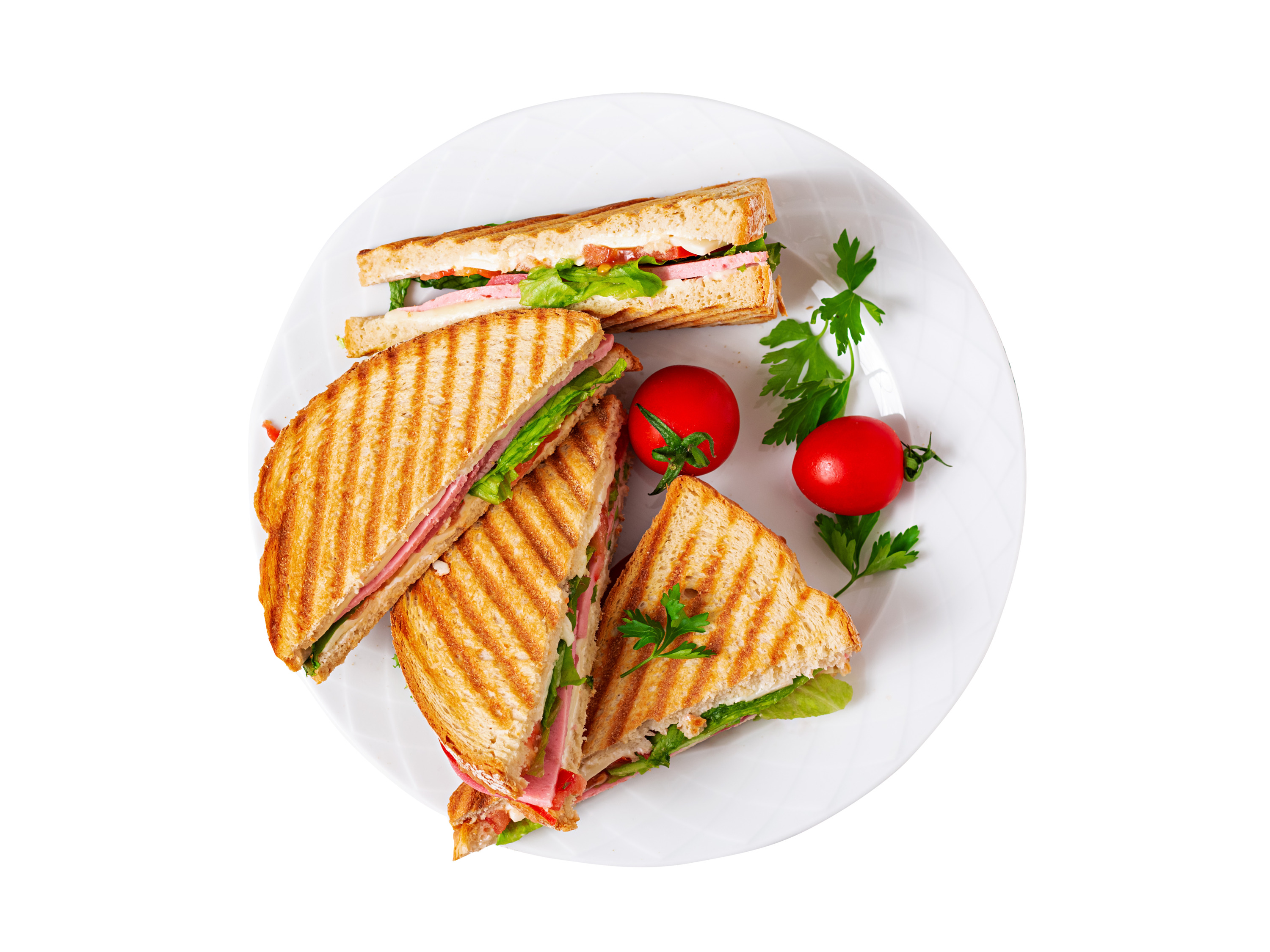 Grilled sandwiches with ham, cheese, and vegetables.