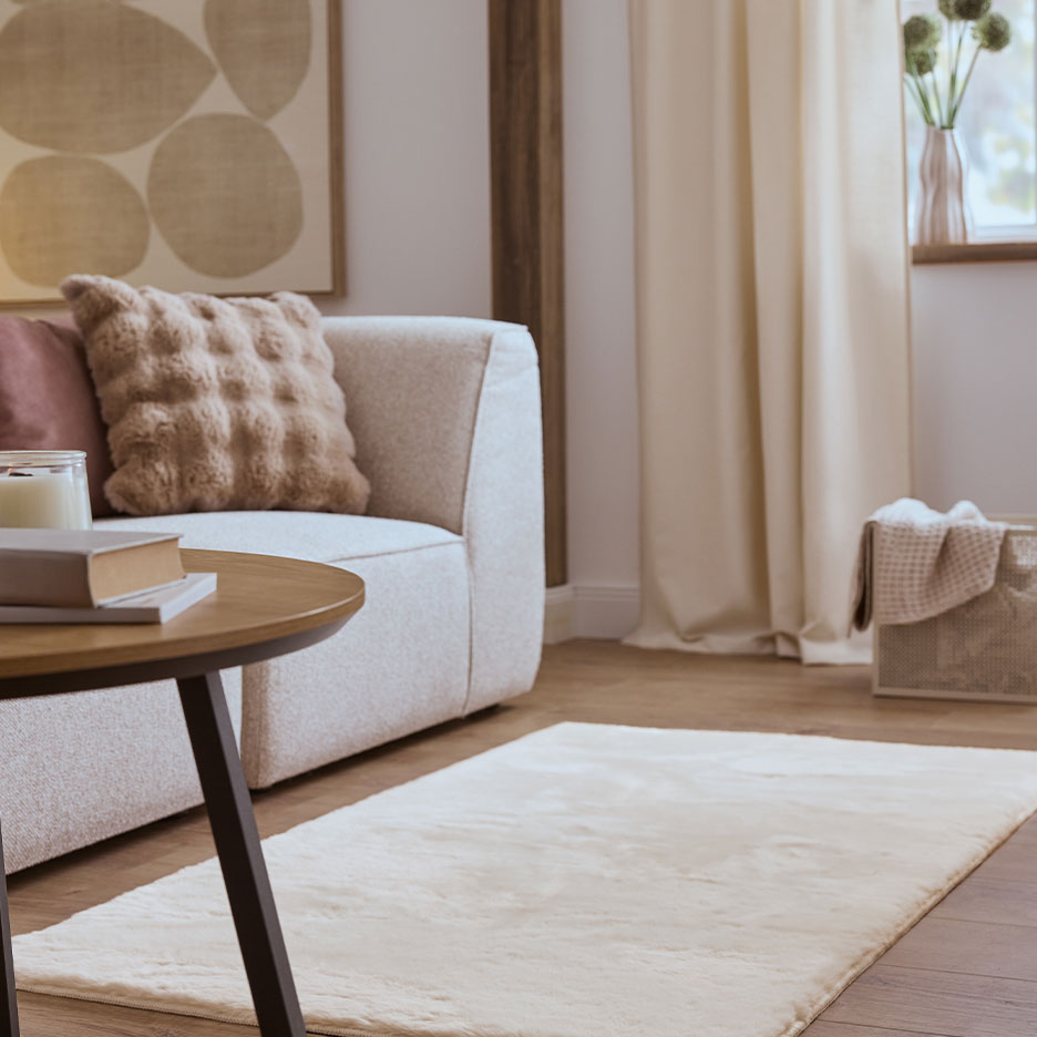 Beige rug in a living room with a sofa, cushions, and a coffee table.